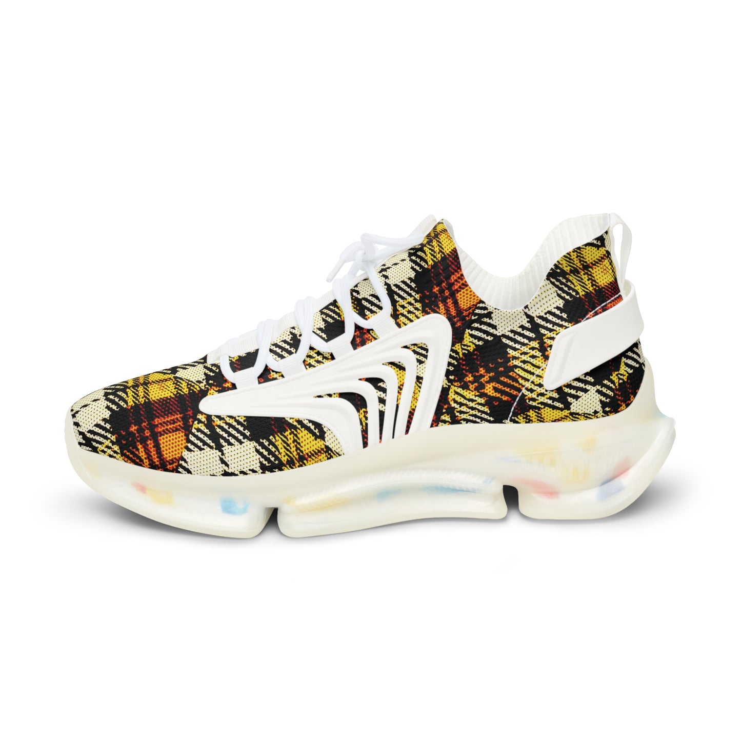 Men's Mesh Sneakers with Plaid Tartan Pattern Print in Orange Brown and Customisable Black Or White EVA Sole