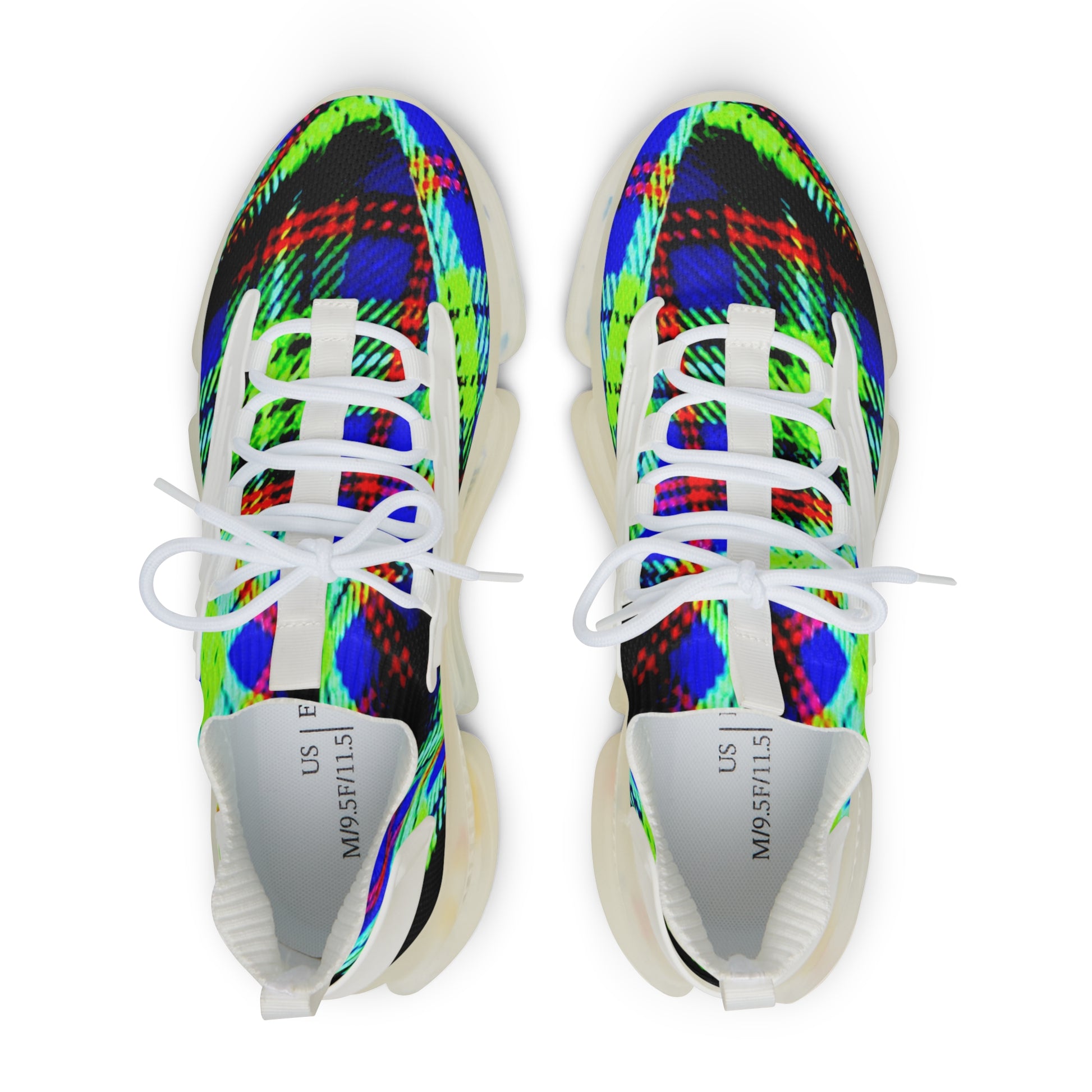 Men's Mesh Sneakers with Graphic Green Blue Tartan Print and Customisable Black Or White EVA Sole