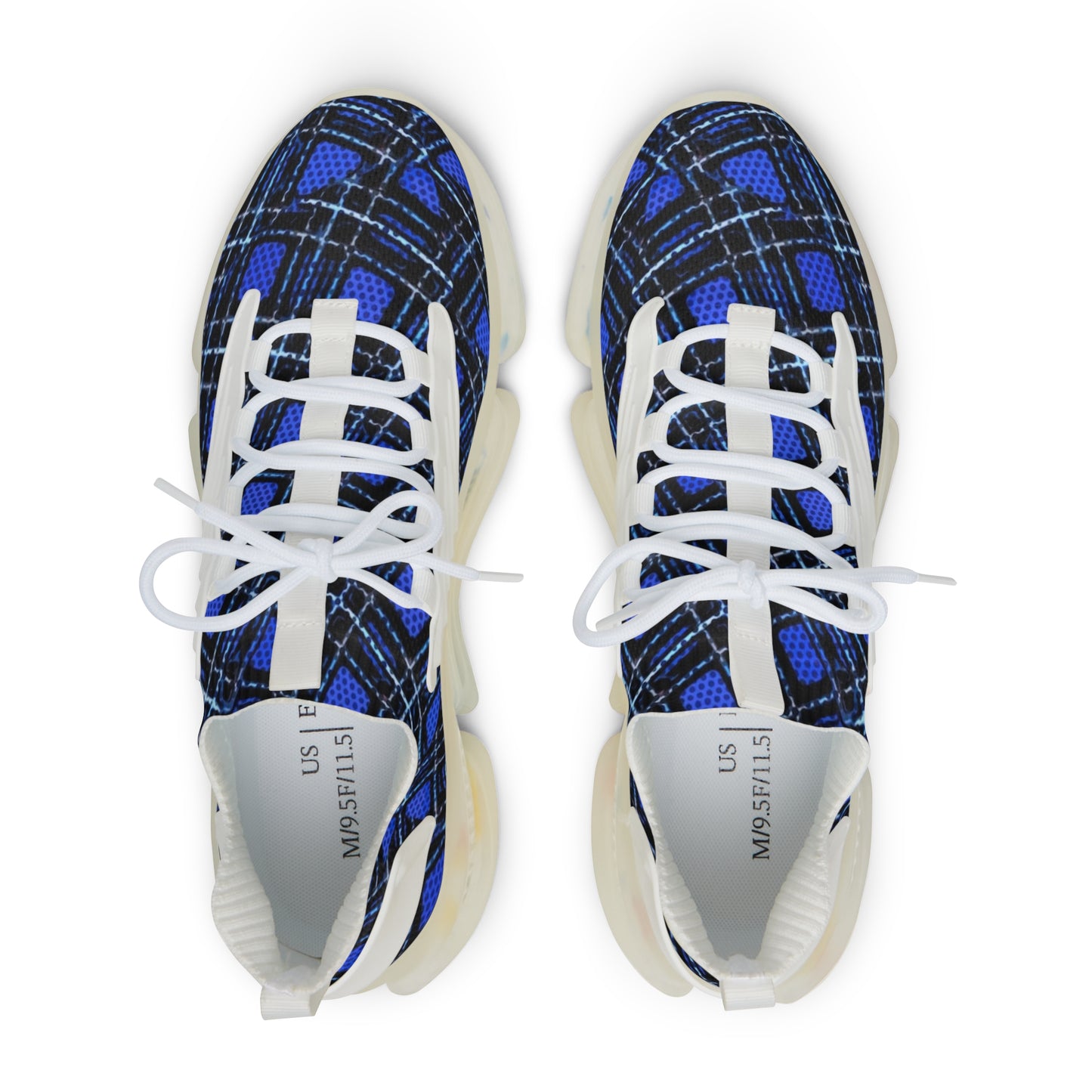 Men's Mesh Sneakers with Plaid Tartan Pattern in Blue Print and Customisable Black Or White EVA Sole