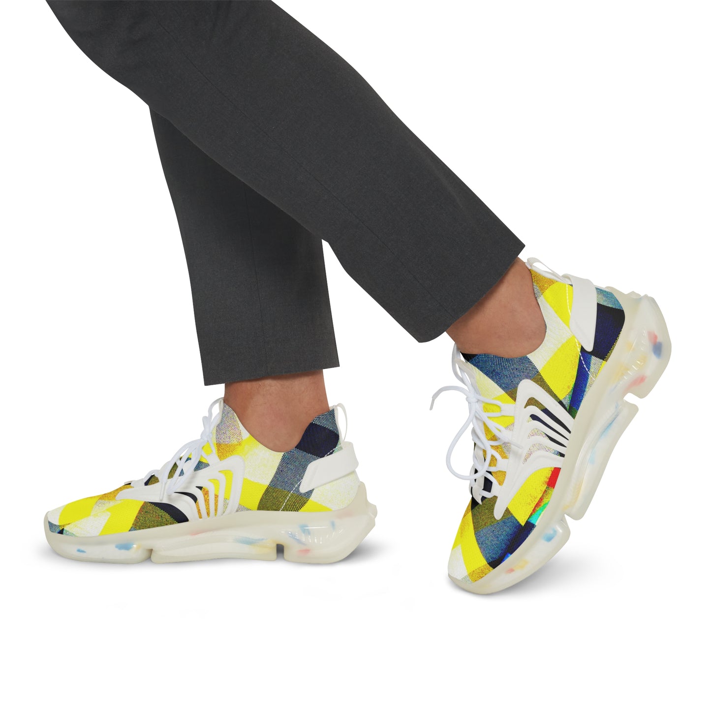 Men's Mesh Sneakers with Graphic Yellow Tartan Print and Customisable Black Or White EVA Sole