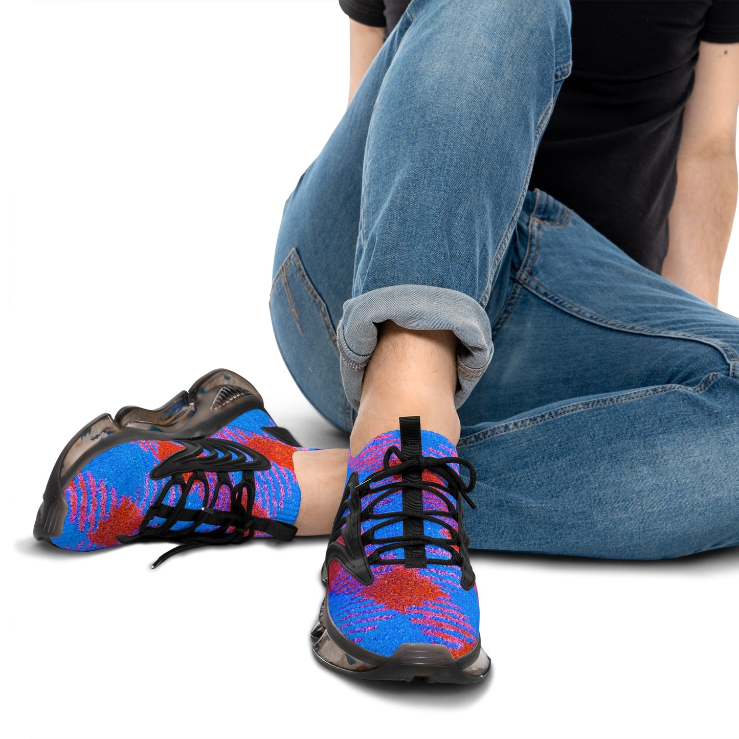 Men's Mesh Sneakers with Graphic Tartan Print in Blue Red and Customisable Black Or White EVA Sole