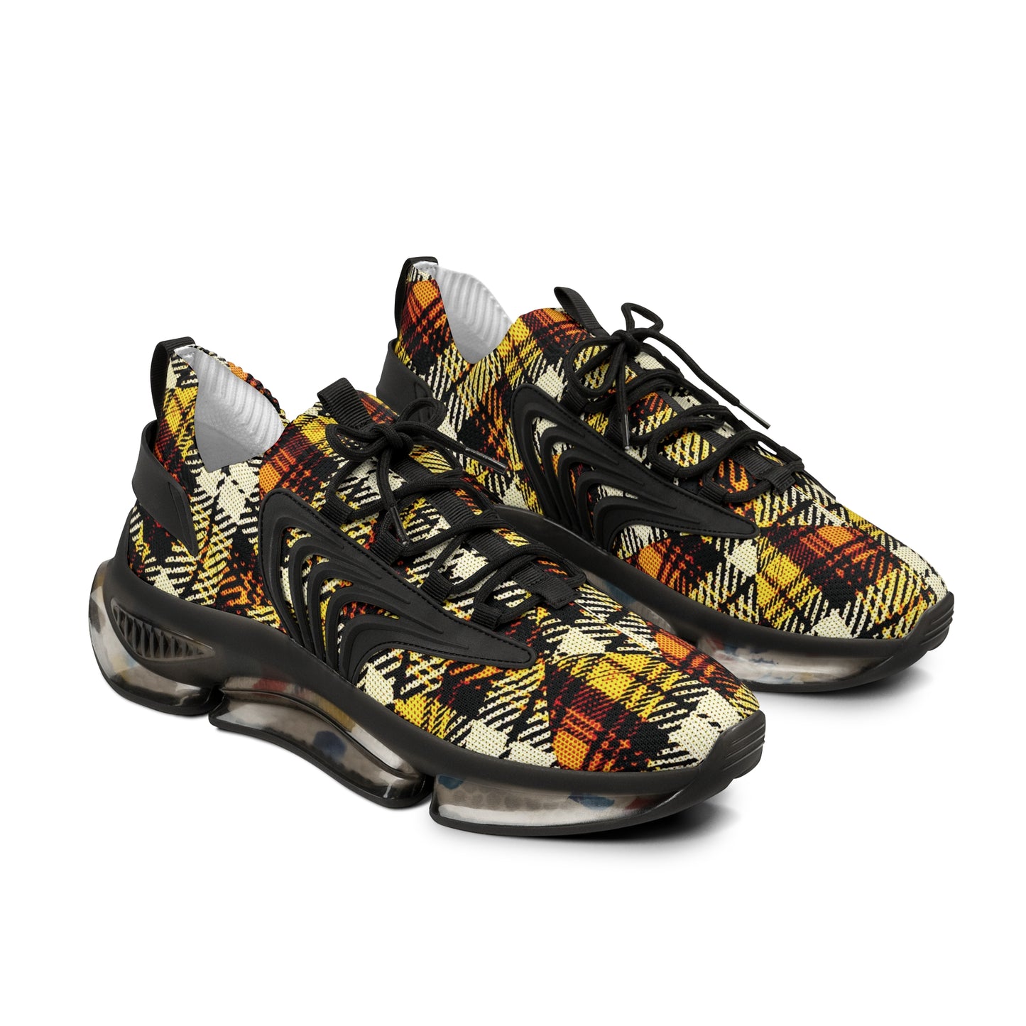 Men's Mesh Sneakers with Plaid Tartan Pattern Print in Orange Brown and Customisable Black Or White EVA Sole