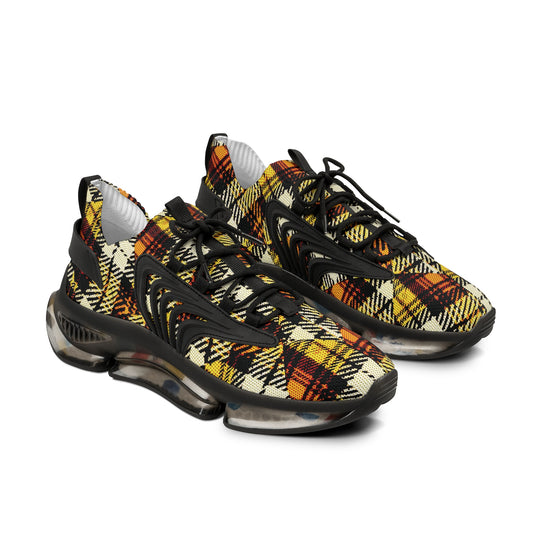 Men's Mesh Sneakers with Plaid Tartan Pattern Print in Orange Brown and Customisable Black Or White EVA Sole