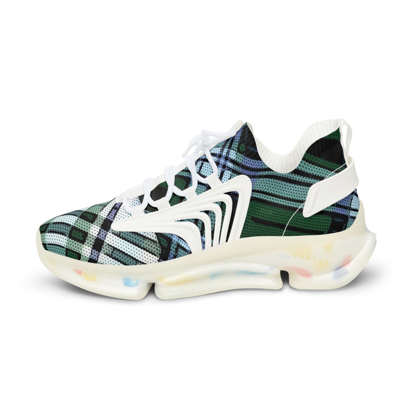 Men's Mesh Sneakers with Plaid Tartan Pattern in Green Print and Customisable Black Or White EVA Sole