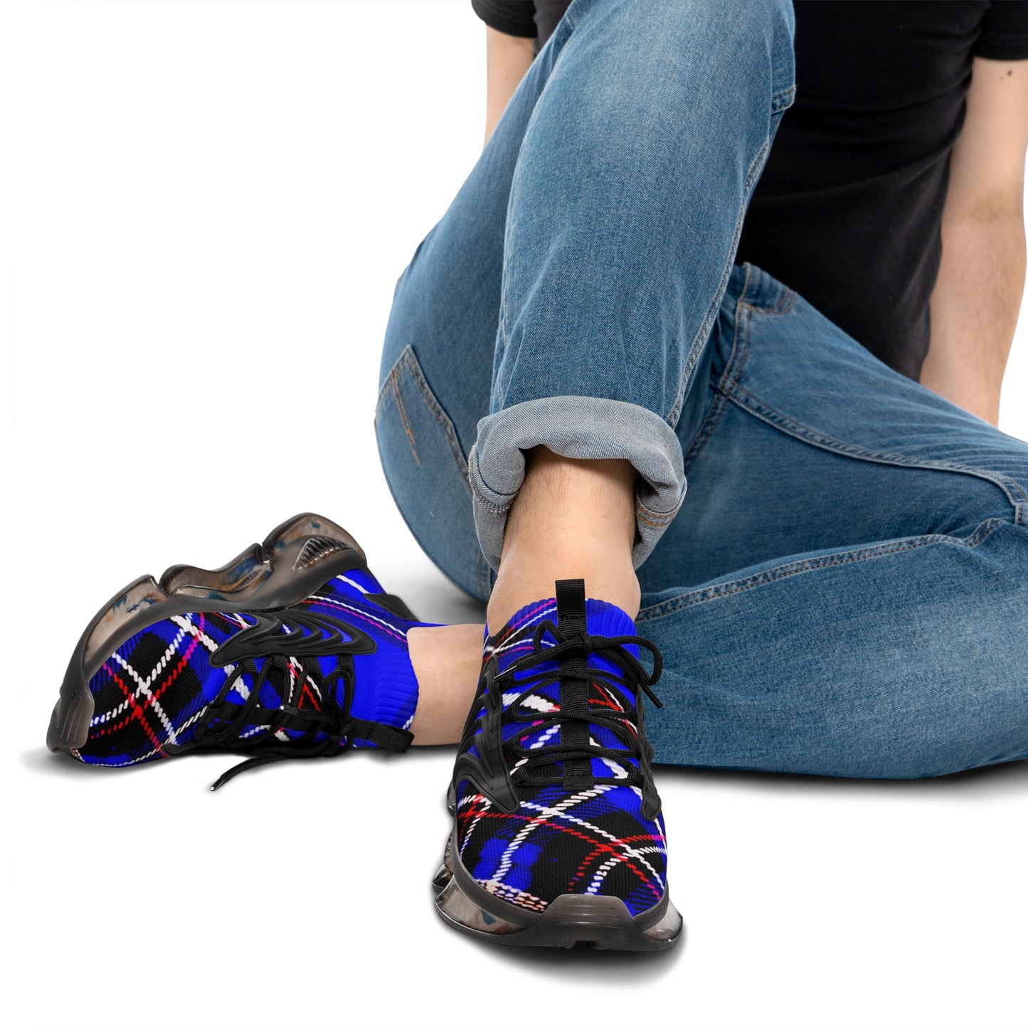 Men's Mesh Sneakers with Graphic Blue Tartan Print and Customisable Black Or White EVA Sole