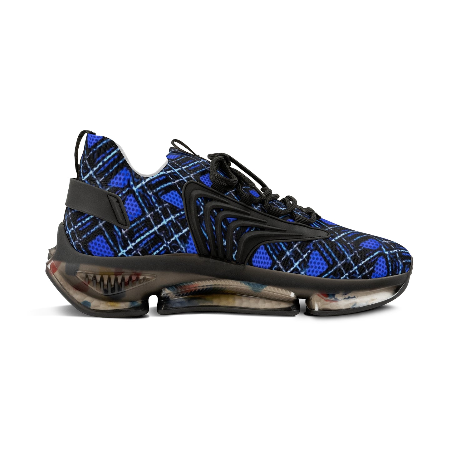 Men's Mesh Sneakers with Plaid Tartan Pattern in Blue Print and Customisable Black Or White EVA Sole