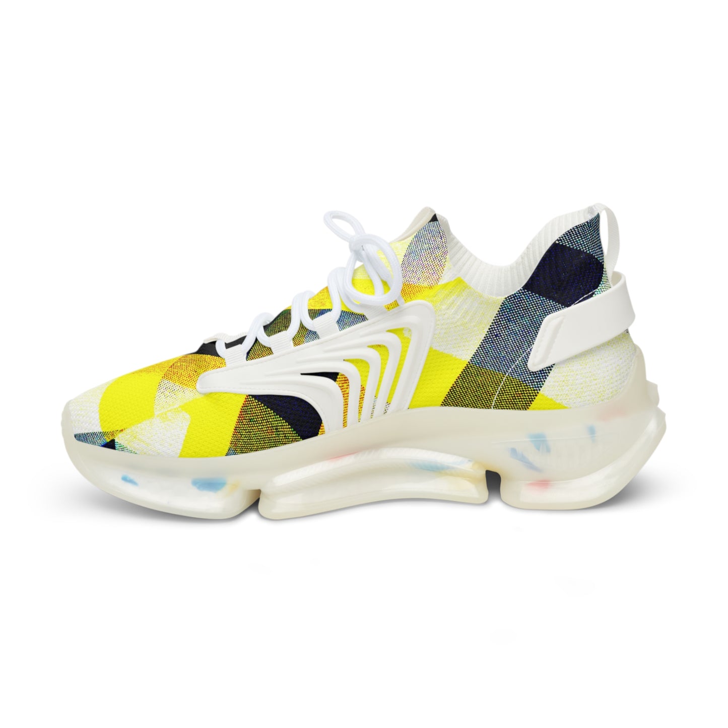 Men's Mesh Sneakers with Graphic Yellow Tartan Print and Customisable Black Or White EVA Sole