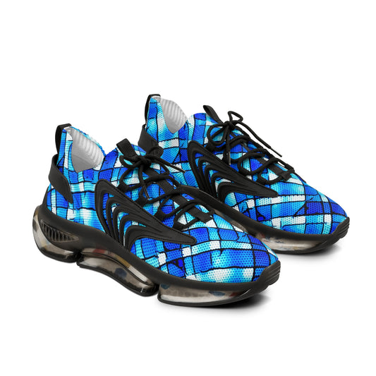 Men's Mesh Sneakers with Plaid Tartan Pattern Print in Blue and Customisable Black Or White EVA Sole