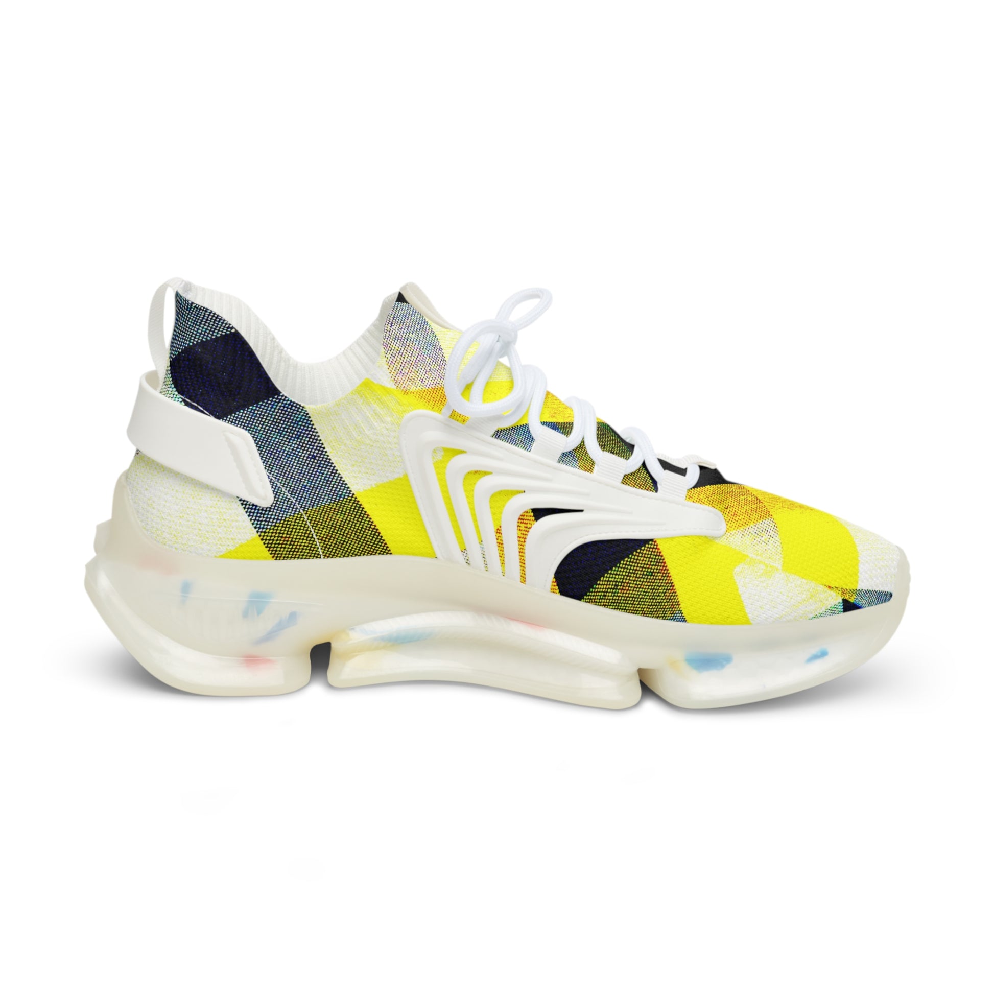 Men's Mesh Sneakers with Graphic Yellow Tartan Print and Customisable Black Or White EVA Sole