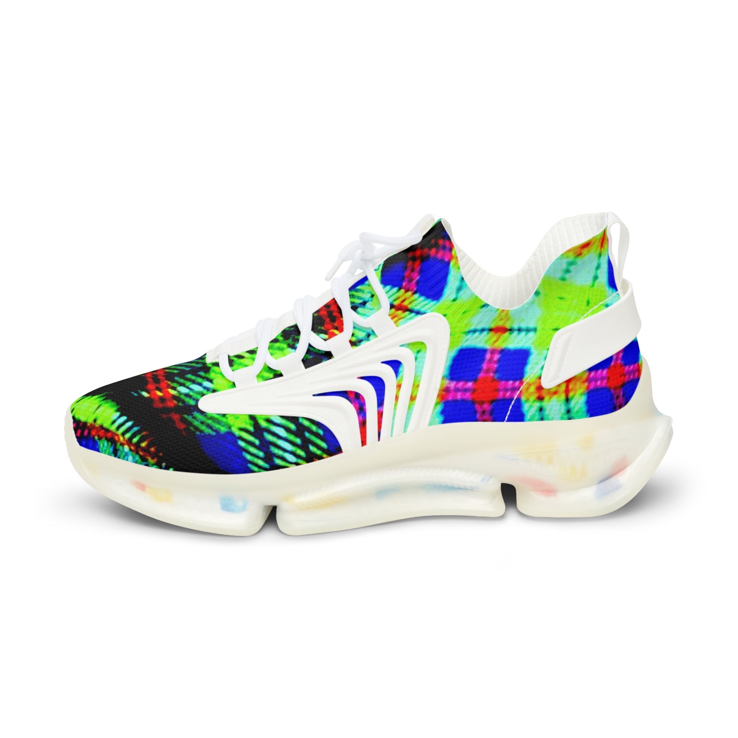 Men's Mesh Sneakers with Graphic Green Blue Tartan Print and Customisable Black Or White EVA Sole