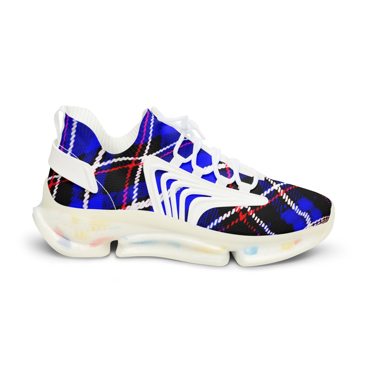 Men's Mesh Sneakers with Graphic Blue Tartan Print and Customisable Black Or White EVA Sole