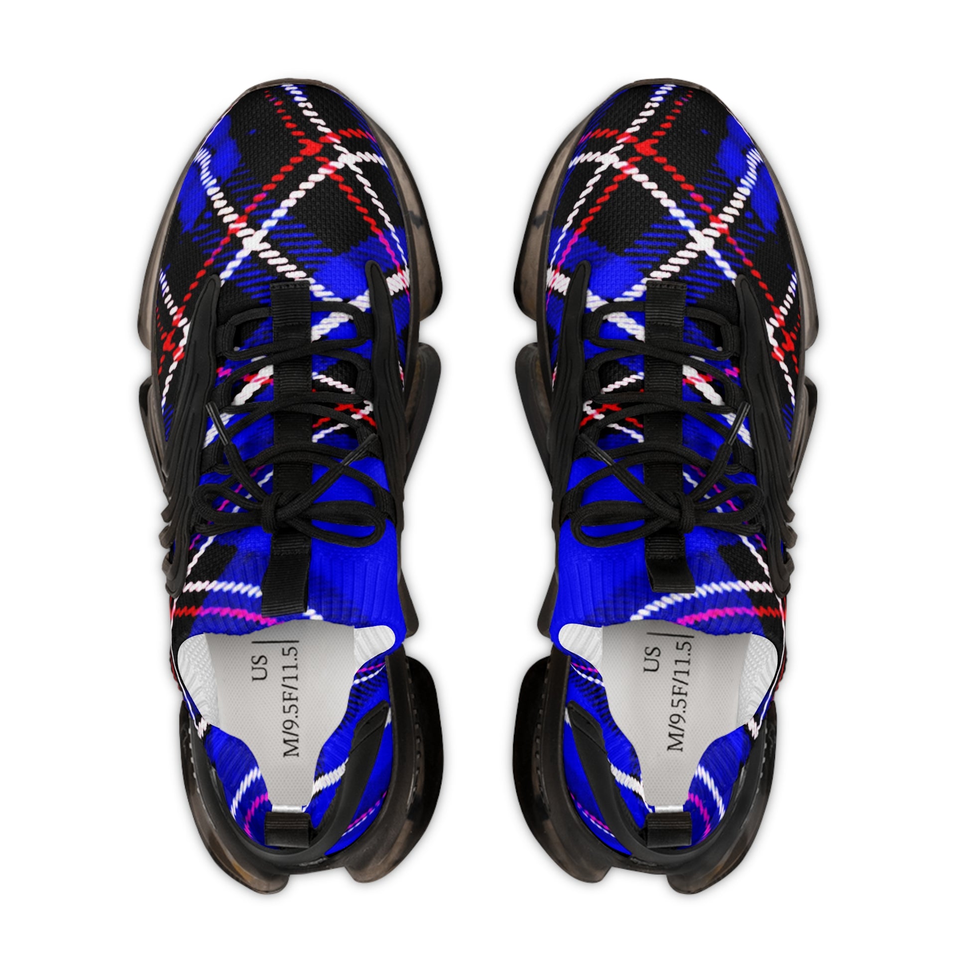 Men's Mesh Sneakers with Graphic Blue Tartan Print and Customisable Black Or White EVA Sole