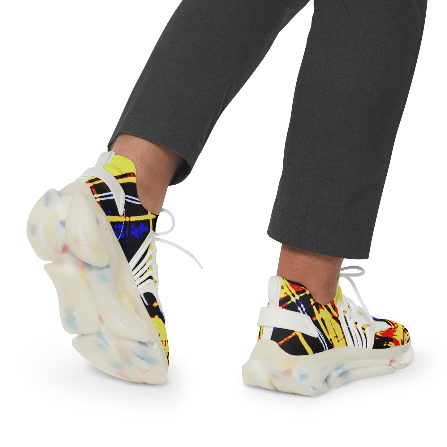 Men's Mesh Sneakers with Graphic Yellow Blue Tartan Print and Customisable Black Or White EVA Sole