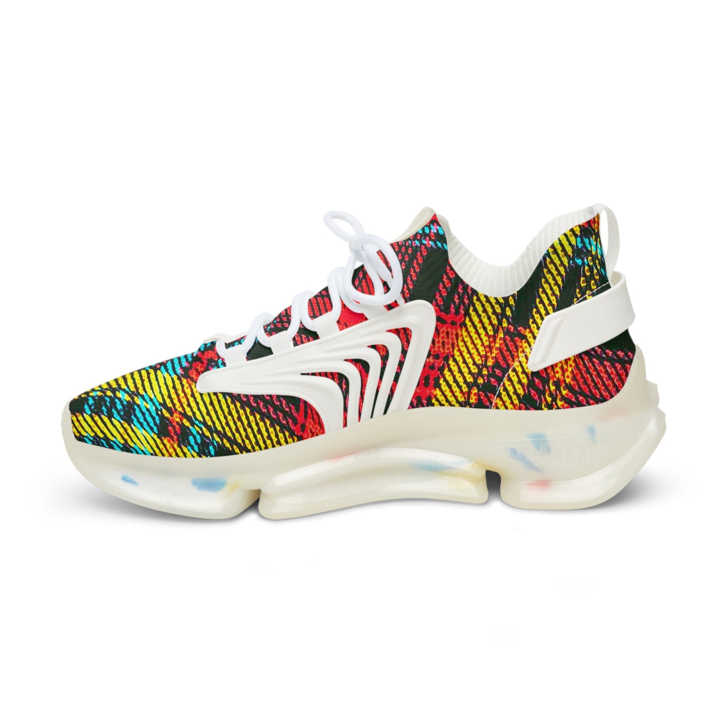 Men's Mesh Sneakers with Graphic Plaid Print in Black Red Yellow and Customisable Black Or White EVA Sole