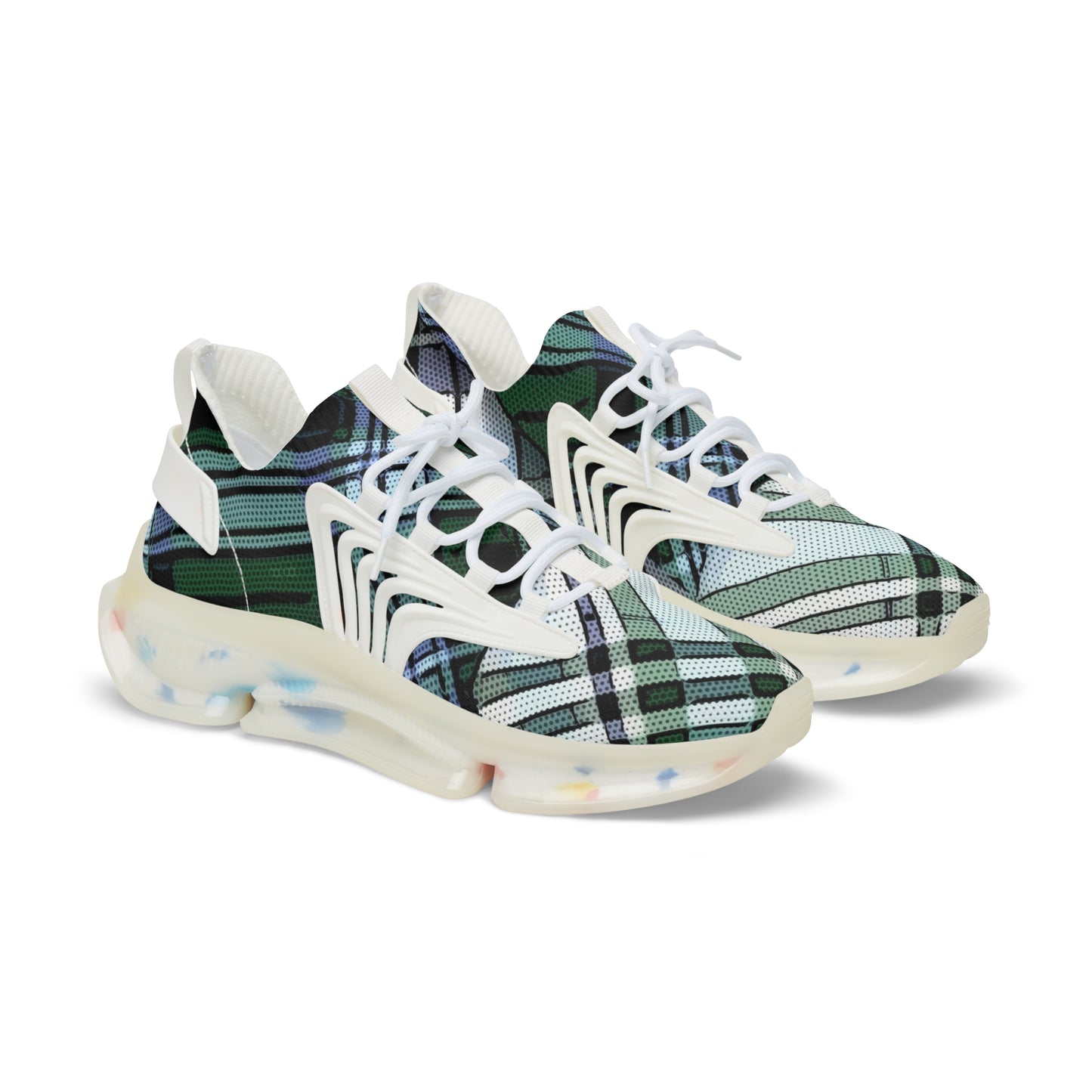 Men's Mesh Sneakers with Plaid Tartan Pattern in Green Print and Customisable Black Or White EVA Sole