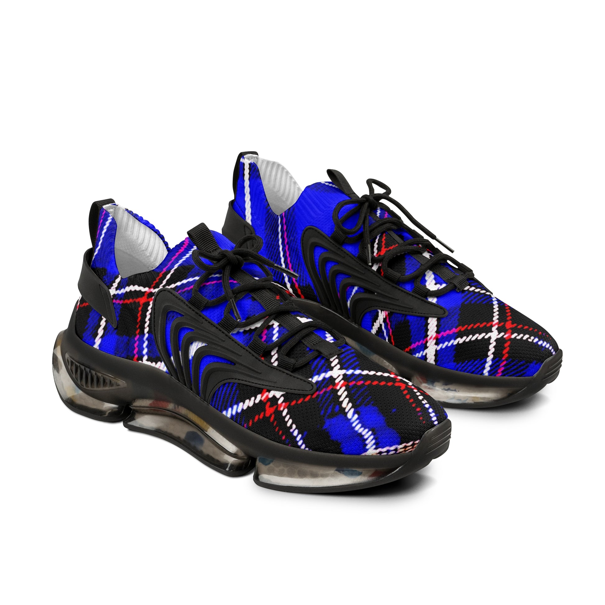 Men's Mesh Sneakers with Graphic Blue Tartan Print and Customisable Black Or White EVA Sole