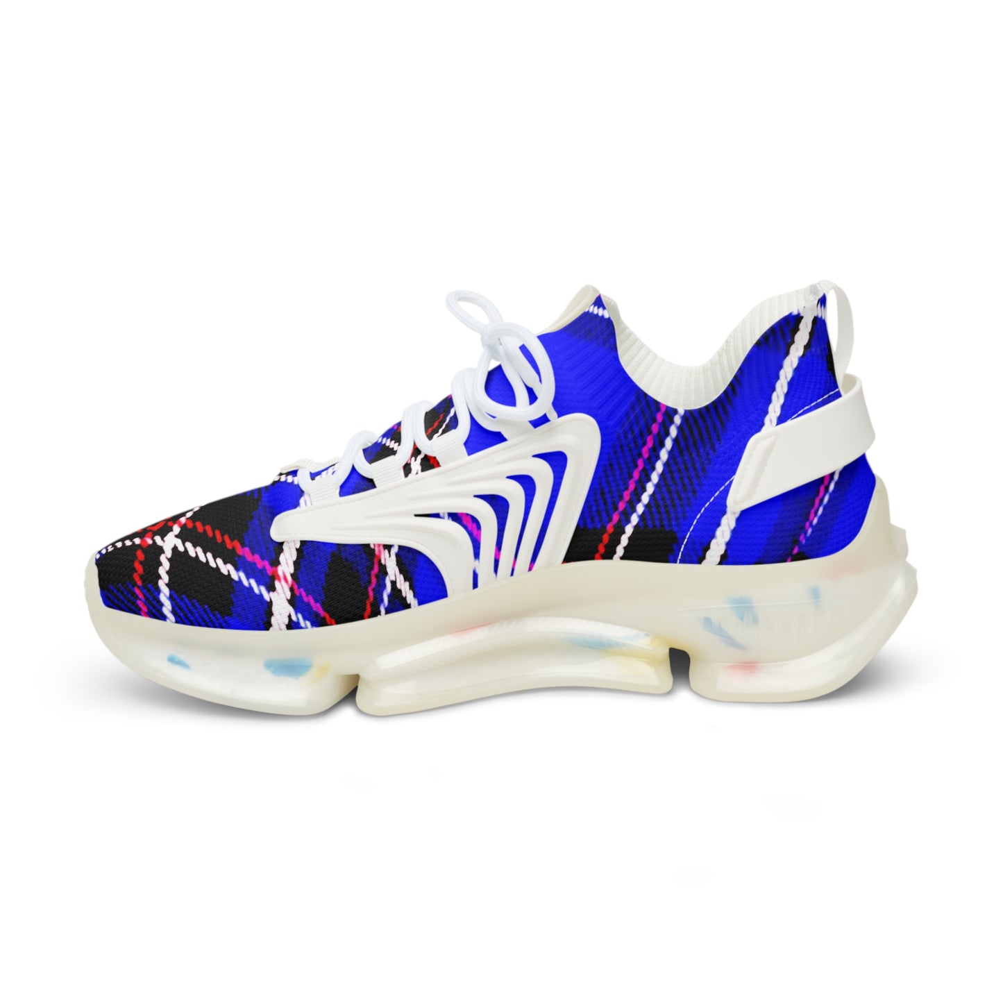 Men's Mesh Sneakers with Graphic Blue Tartan Print and Customisable Black Or White EVA Sole