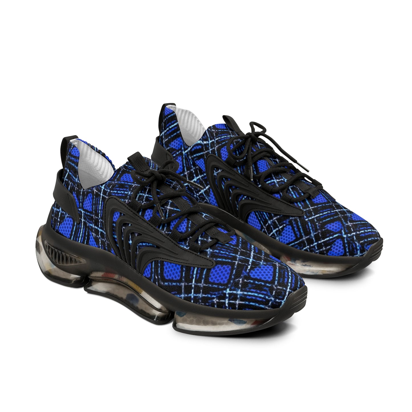 Men's Mesh Sneakers with Plaid Tartan Pattern in Blue Print and Customisable Black Or White EVA Sole