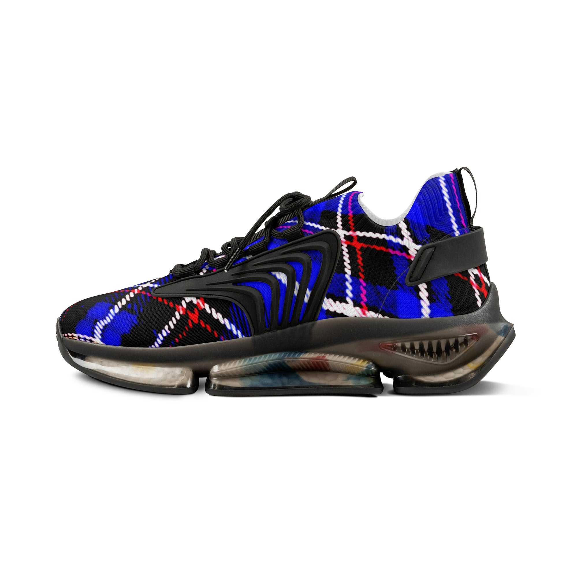 Men's Mesh Sneakers with Graphic Blue Tartan Print and Customisable Black Or White EVA Sole