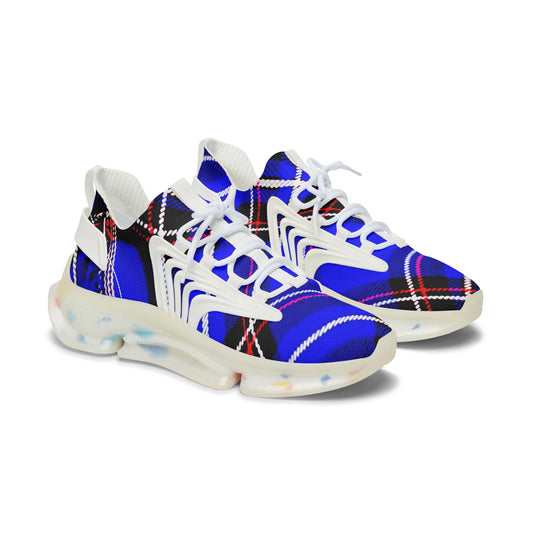 Women's Mesh Sneakers with Graphic Blue Tartan Print and Customisable Black Or White EVA Sole