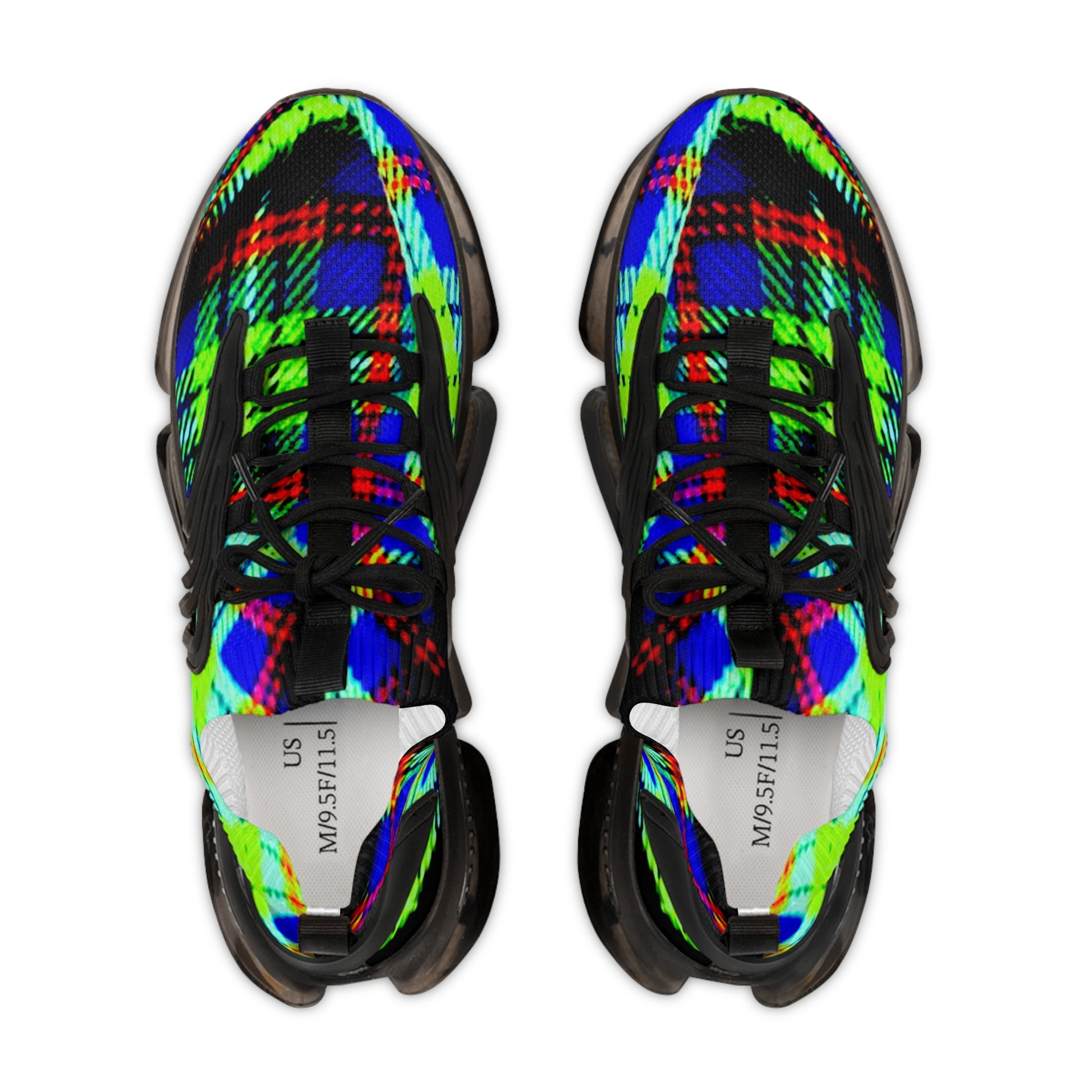 Men's Mesh Sneakers with Graphic Green Blue Tartan Print and Customisable Black Or White EVA Sole