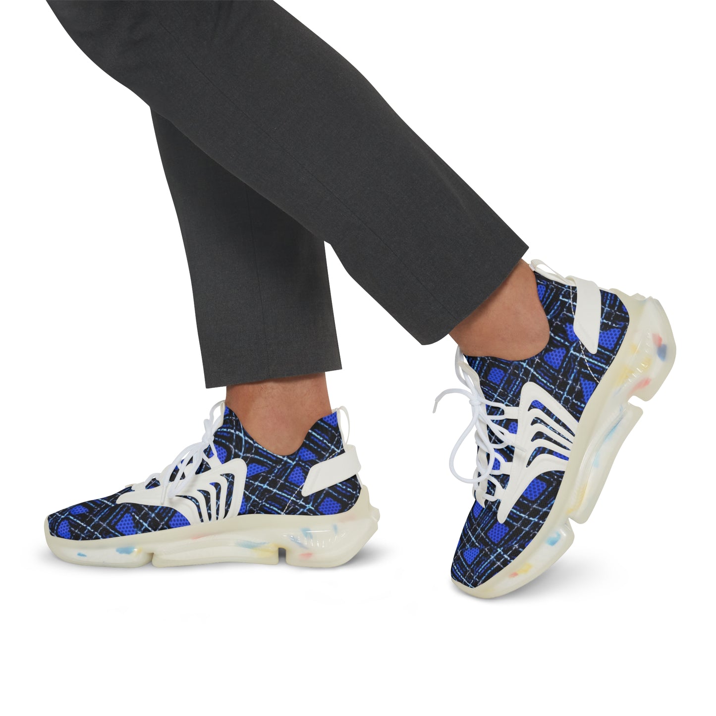 Men's Mesh Sneakers with Plaid Tartan Pattern in Blue Print and Customisable Black Or White EVA Sole