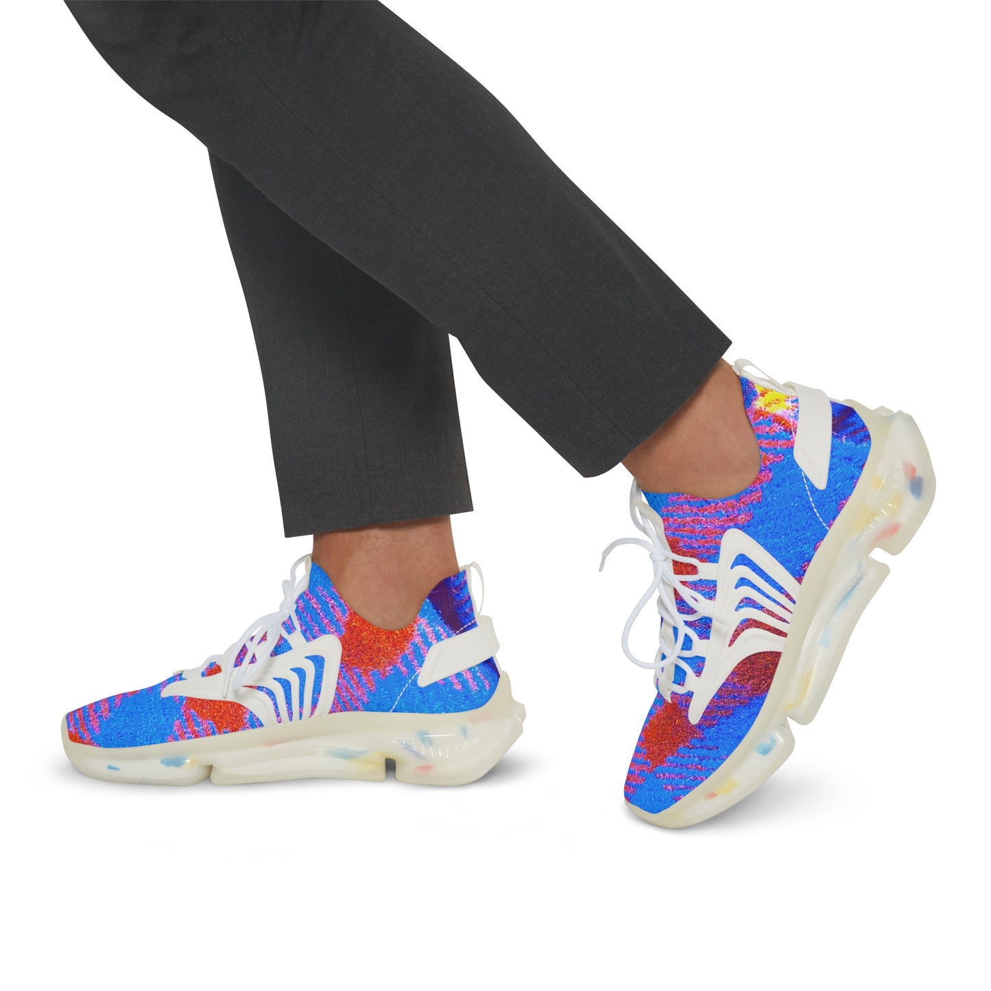 Men's Mesh Sneakers with Graphic Tartan Print in Blue Red and Customisable Black Or White EVA Sole