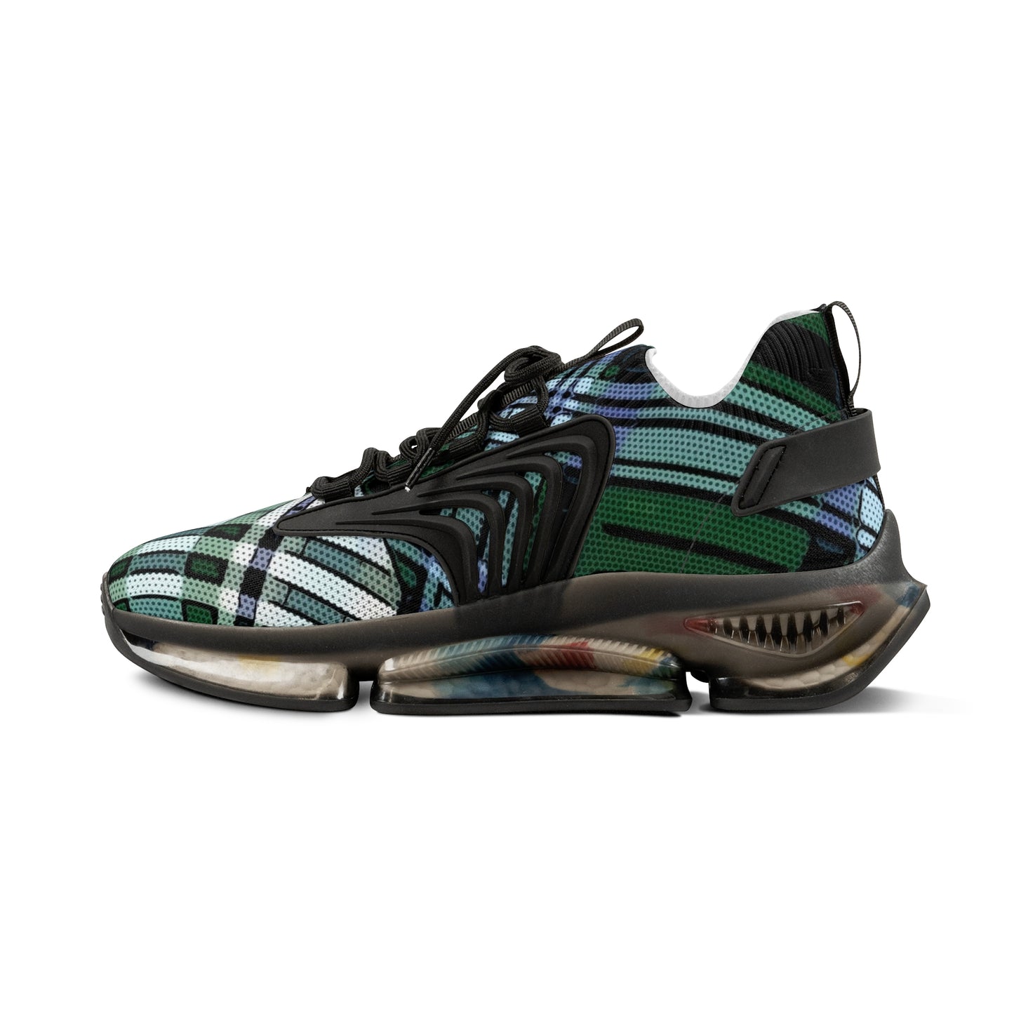 Men's Mesh Sneakers with Plaid Tartan Pattern in Green Print and Customisable Black Or White EVA Sole