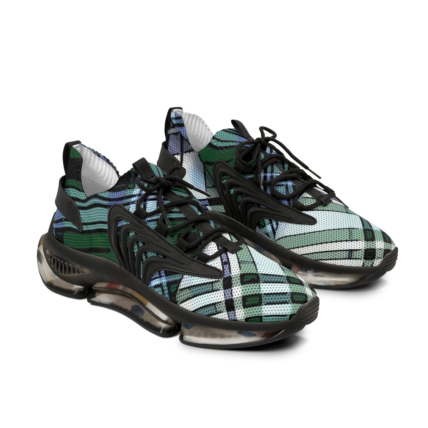 Men's Mesh Sneakers with Plaid Tartan Pattern in Green Print and Customisable Black Or White EVA Sole