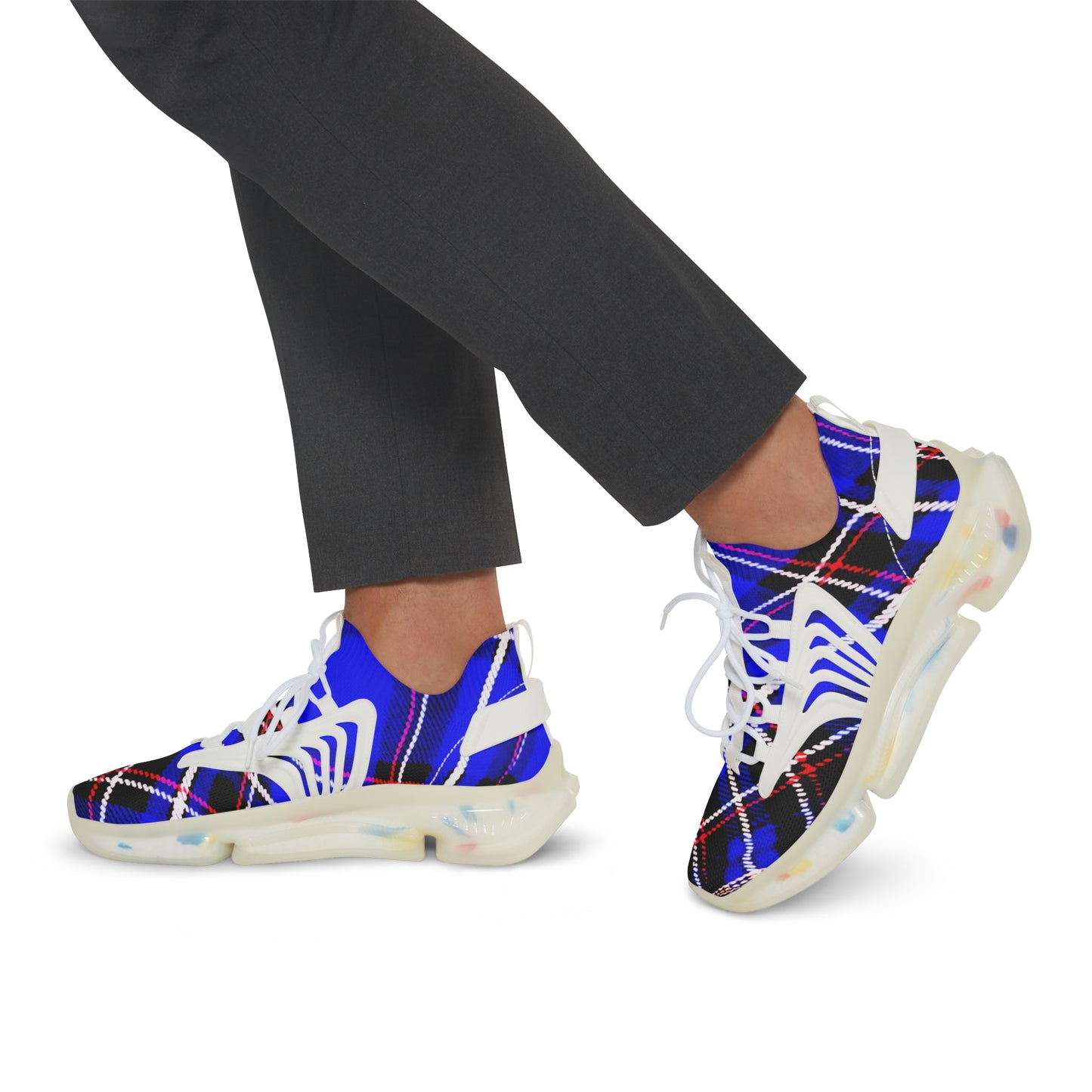 Men's Mesh Sneakers with Graphic Blue Tartan Print and Customisable Black Or White EVA Sole