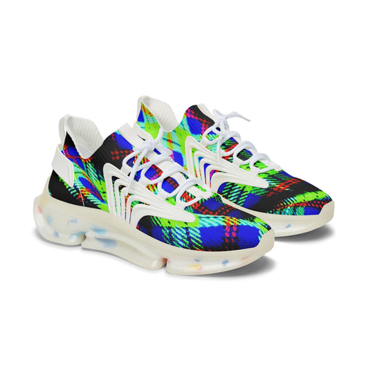 Women's Mesh Sneakers with Graphic Green Blue Tartan Print and Customisable Black Or White EVA Sole