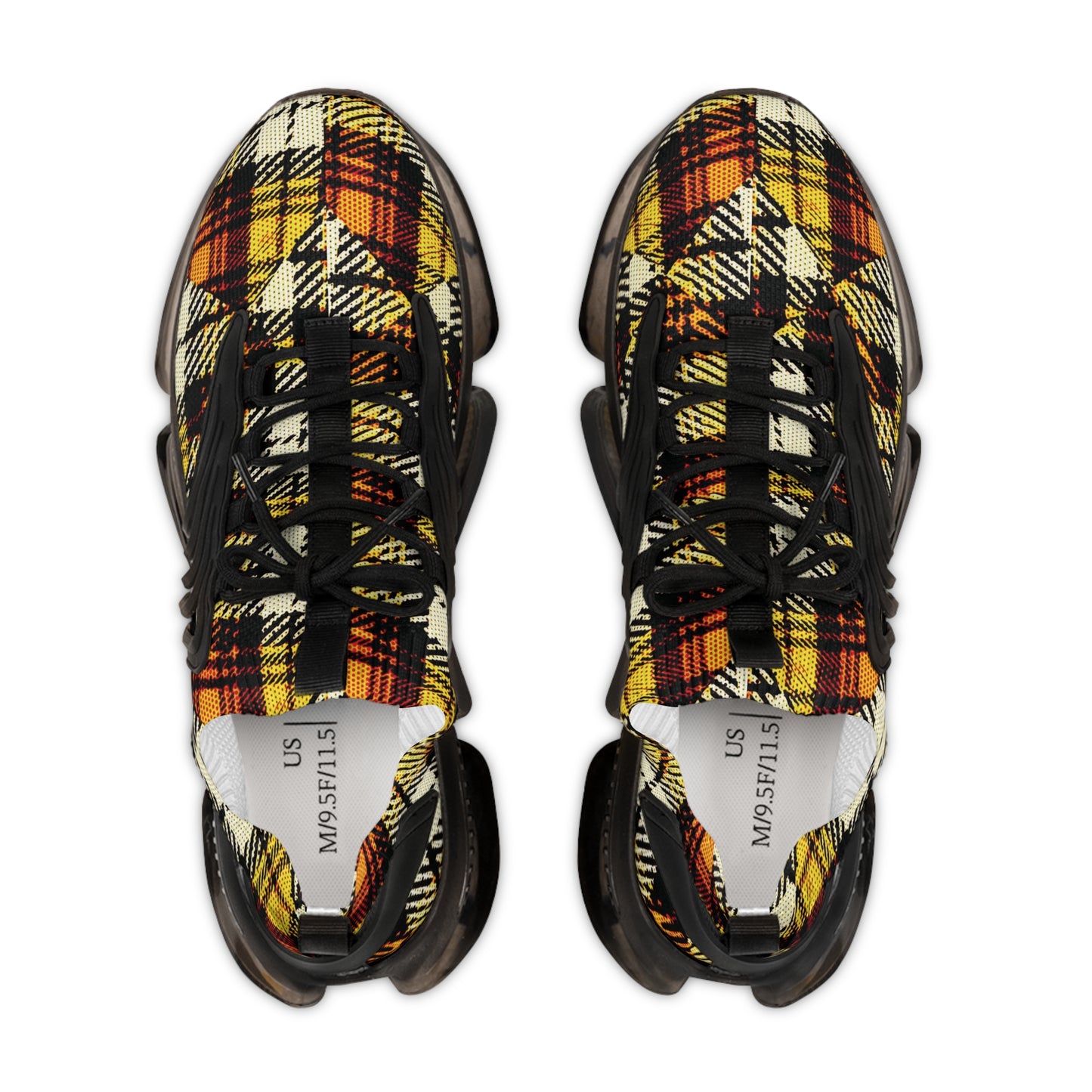 Men's Mesh Sneakers with Plaid Tartan Pattern Print in Orange Brown and Customisable Black Or White EVA Sole