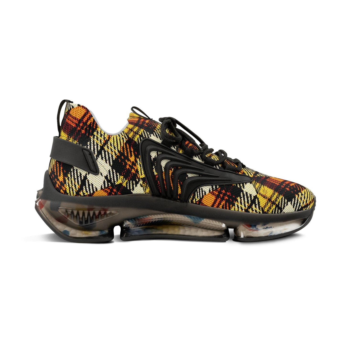 Men's Mesh Sneakers with Plaid Tartan Pattern Print in Orange Brown and Customisable Black Or White EVA Sole