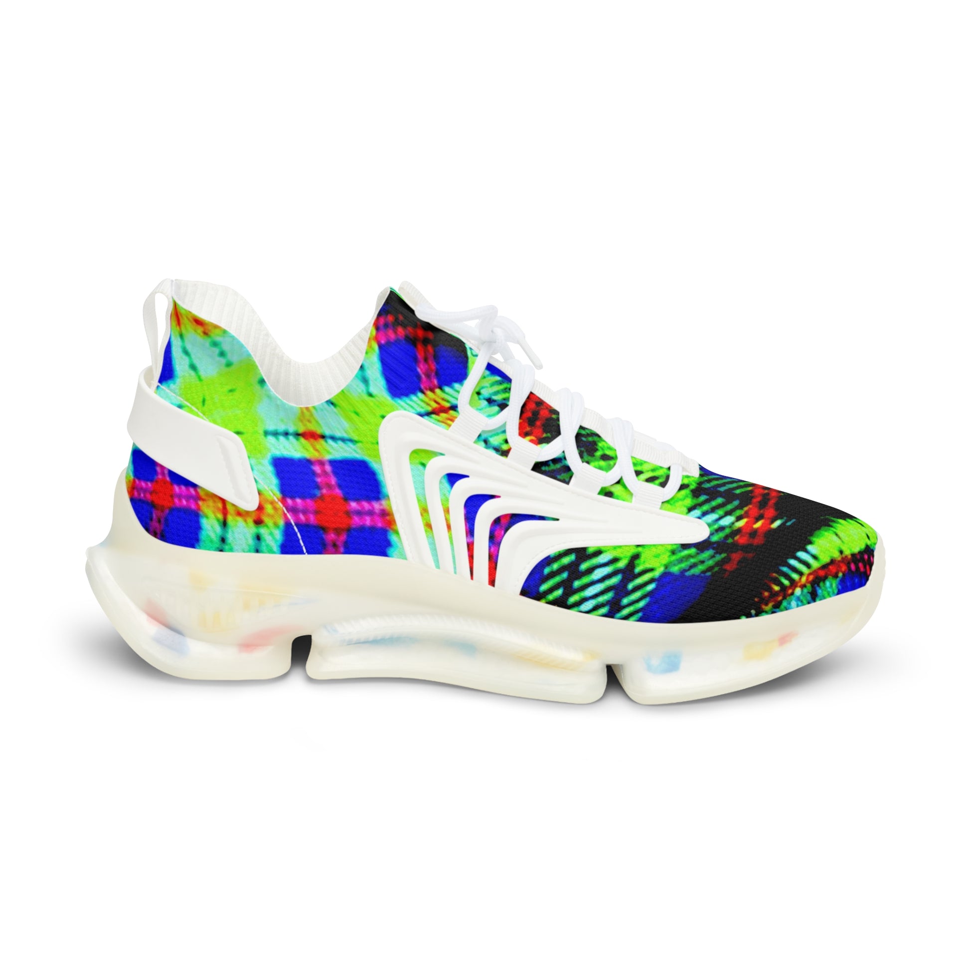 Men's Mesh Sneakers with Graphic Green Blue Tartan Print and Customisable Black Or White EVA Sole