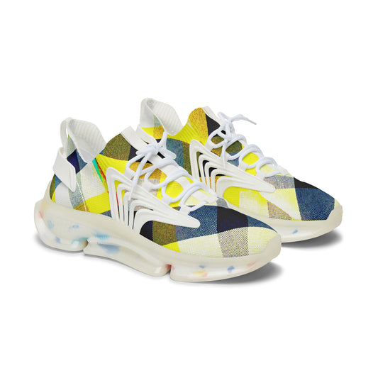 Women's Mesh Sneakers with Graphic Yellow Tartan Print and Customisable Black Or White EVA Sole