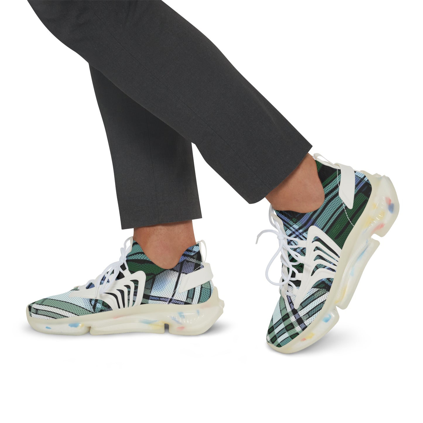 Men's Mesh Sneakers with Plaid Tartan Pattern in Green Print and Customisable Black Or White EVA Sole