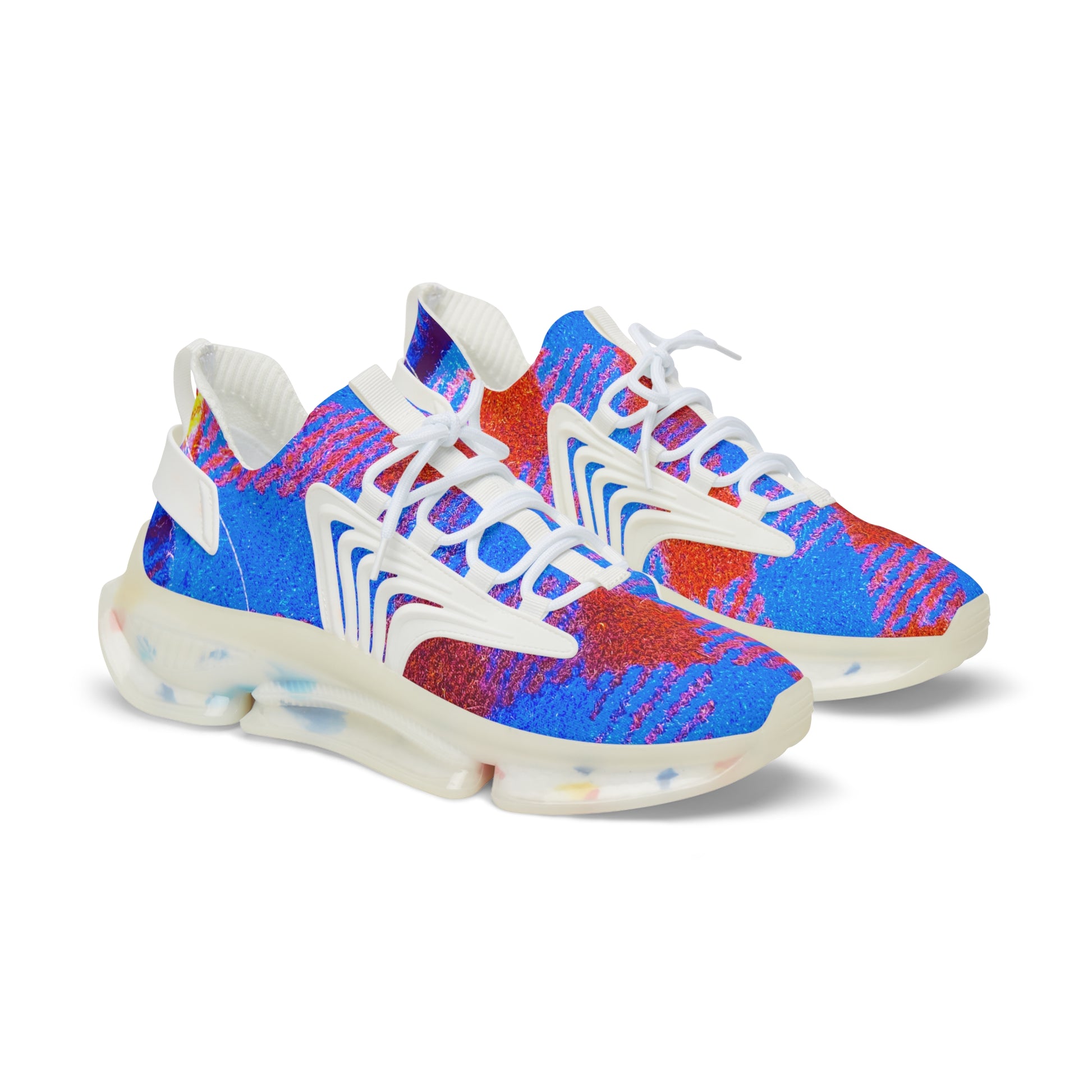 Men's Mesh Sneakers with Graphic Tartan Print in Blue Red and Customisable Black Or White EVA Sole