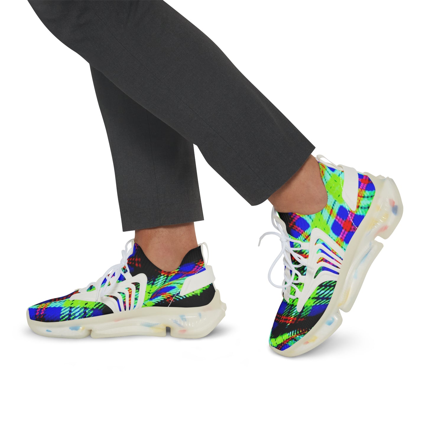 Men's Mesh Sneakers with Graphic Green Blue Tartan Print and Customisable Black Or White EVA Sole