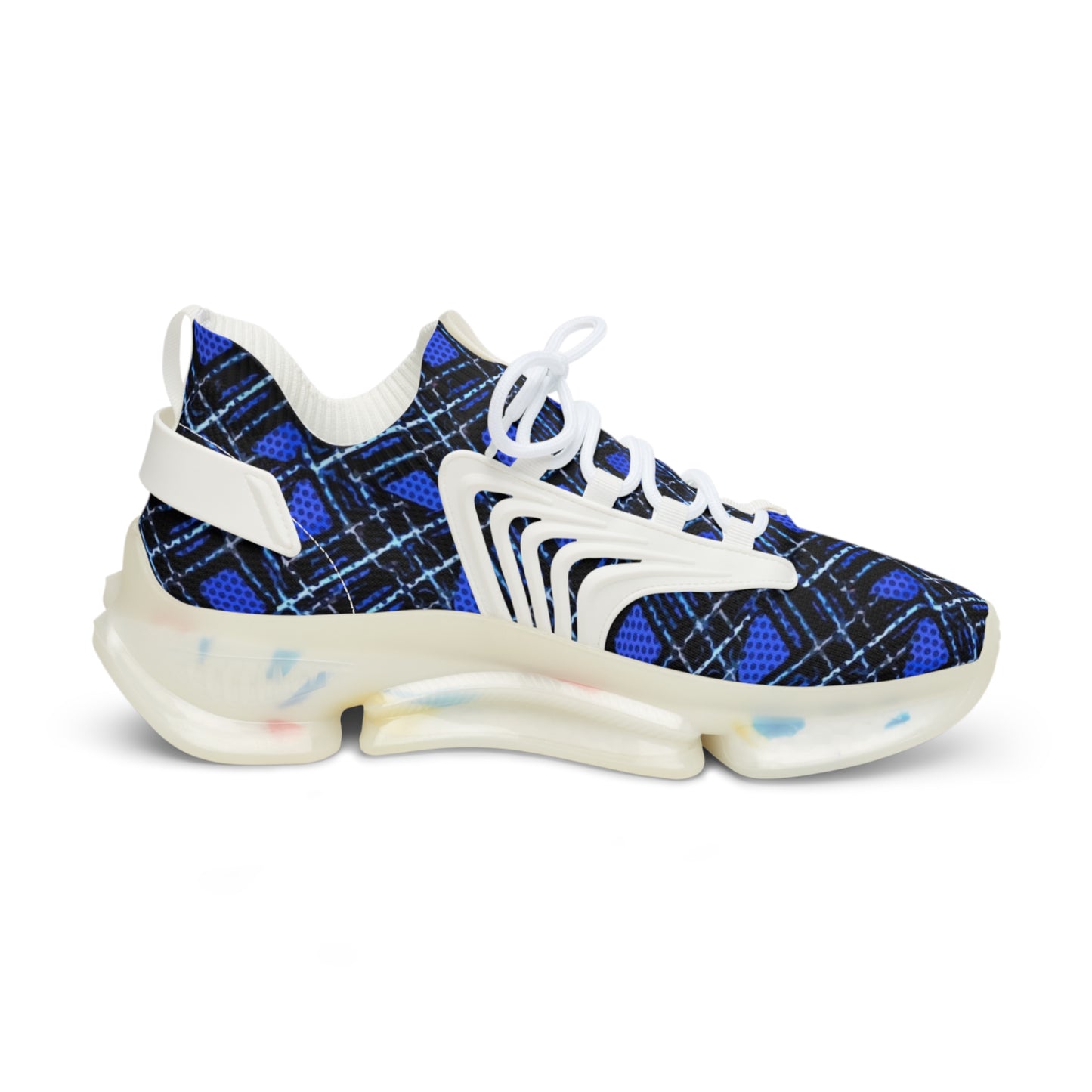 Men's Mesh Sneakers with Plaid Tartan Pattern in Blue Print and Customisable Black Or White EVA Sole