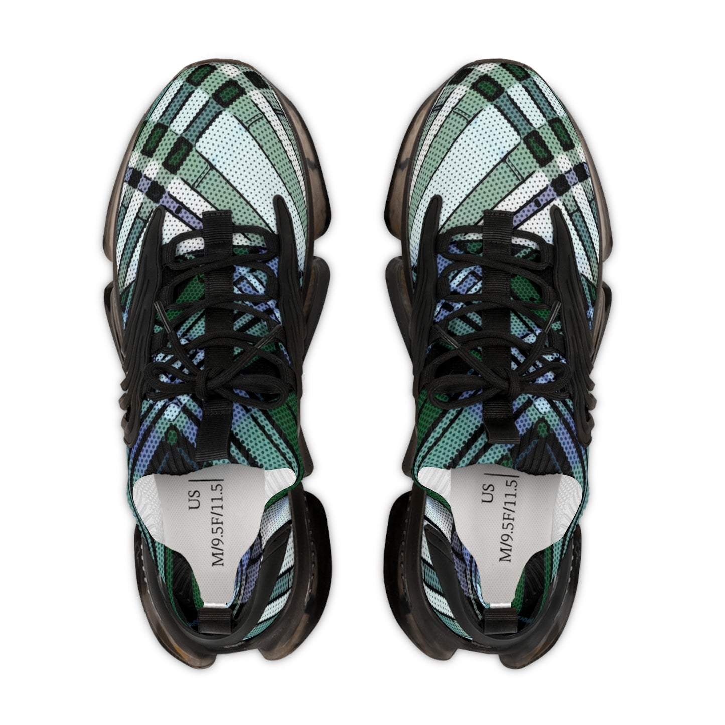 Men's Mesh Sneakers with Plaid Tartan Pattern in Green Print and Customisable Black Or White EVA Sole