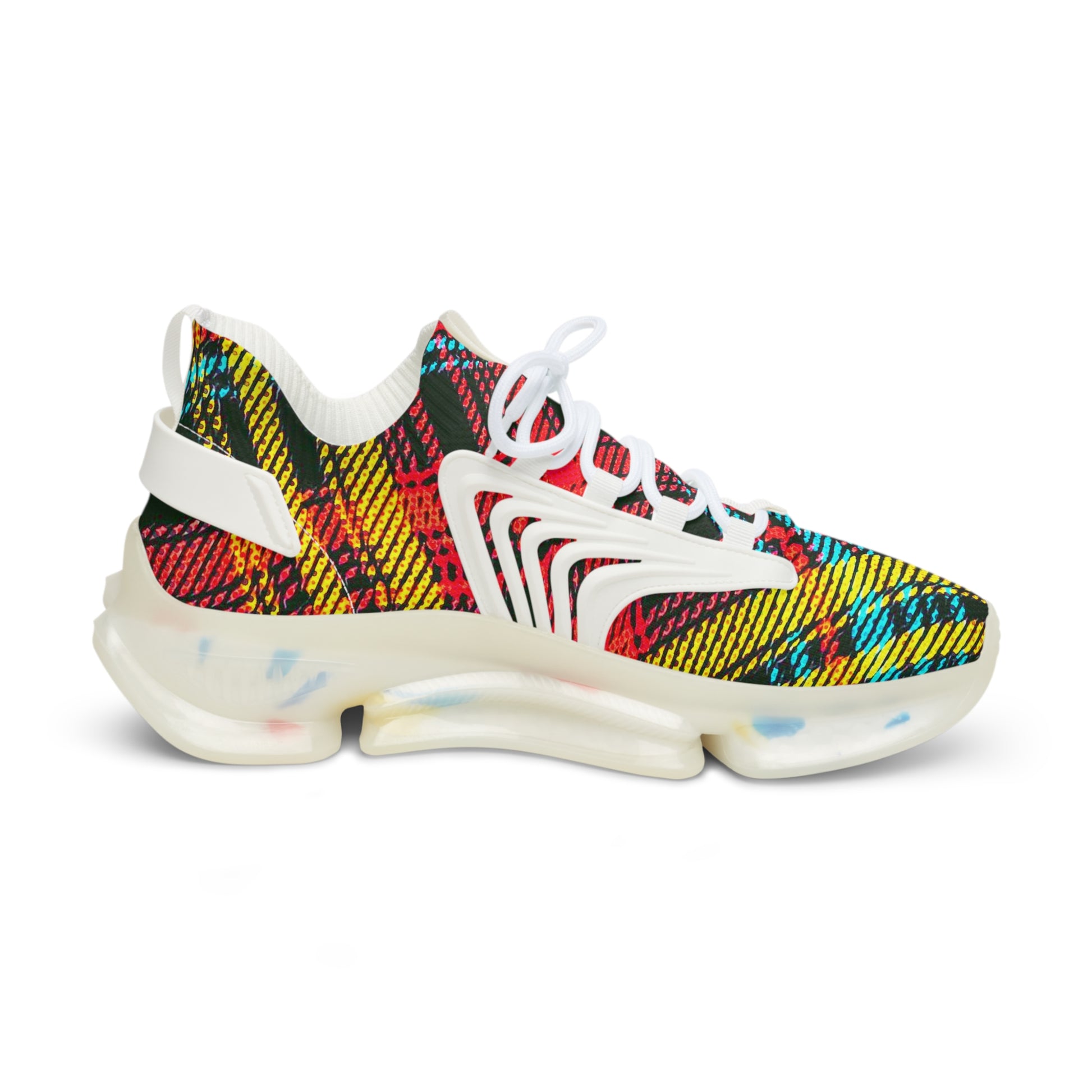 Men's Mesh Sneakers with Graphic Plaid Print in Black Red Yellow and Customisable Black Or White EVA Sole