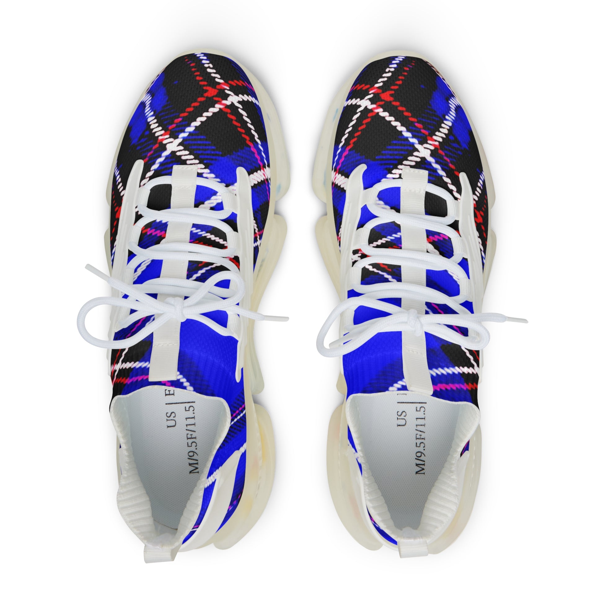 Men's Mesh Sneakers with Graphic Blue Tartan Print and Customisable Black Or White EVA Sole