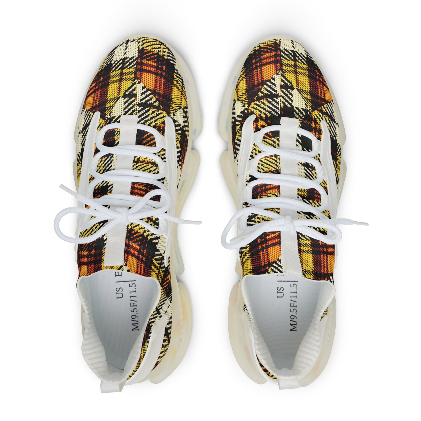 Men's Mesh Sneakers with Plaid Tartan Pattern Print in Orange Brown and Customisable Black Or White EVA Sole