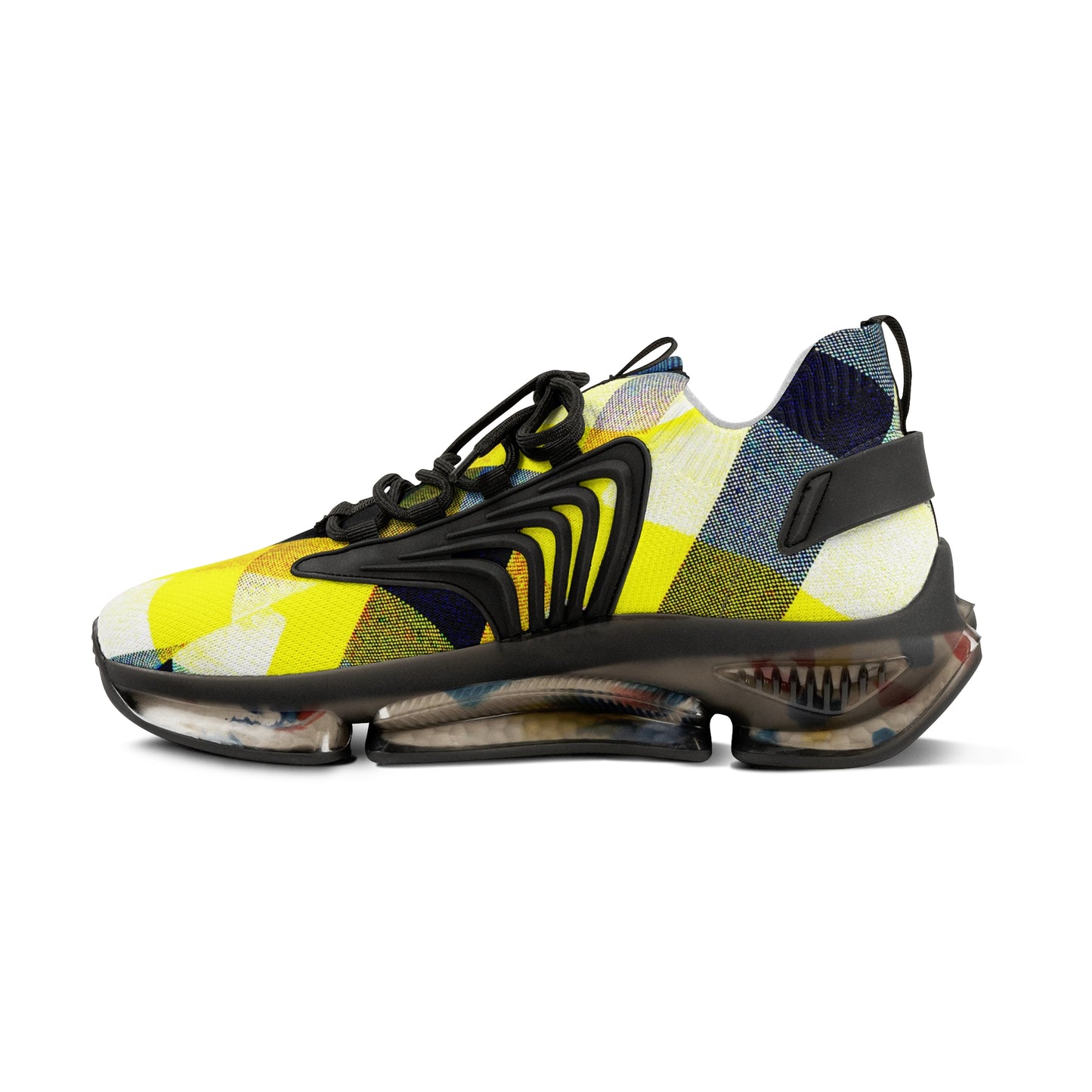 Men's Mesh Sneakers with Graphic Yellow Tartan Print and Customisable Black Or White EVA Sole