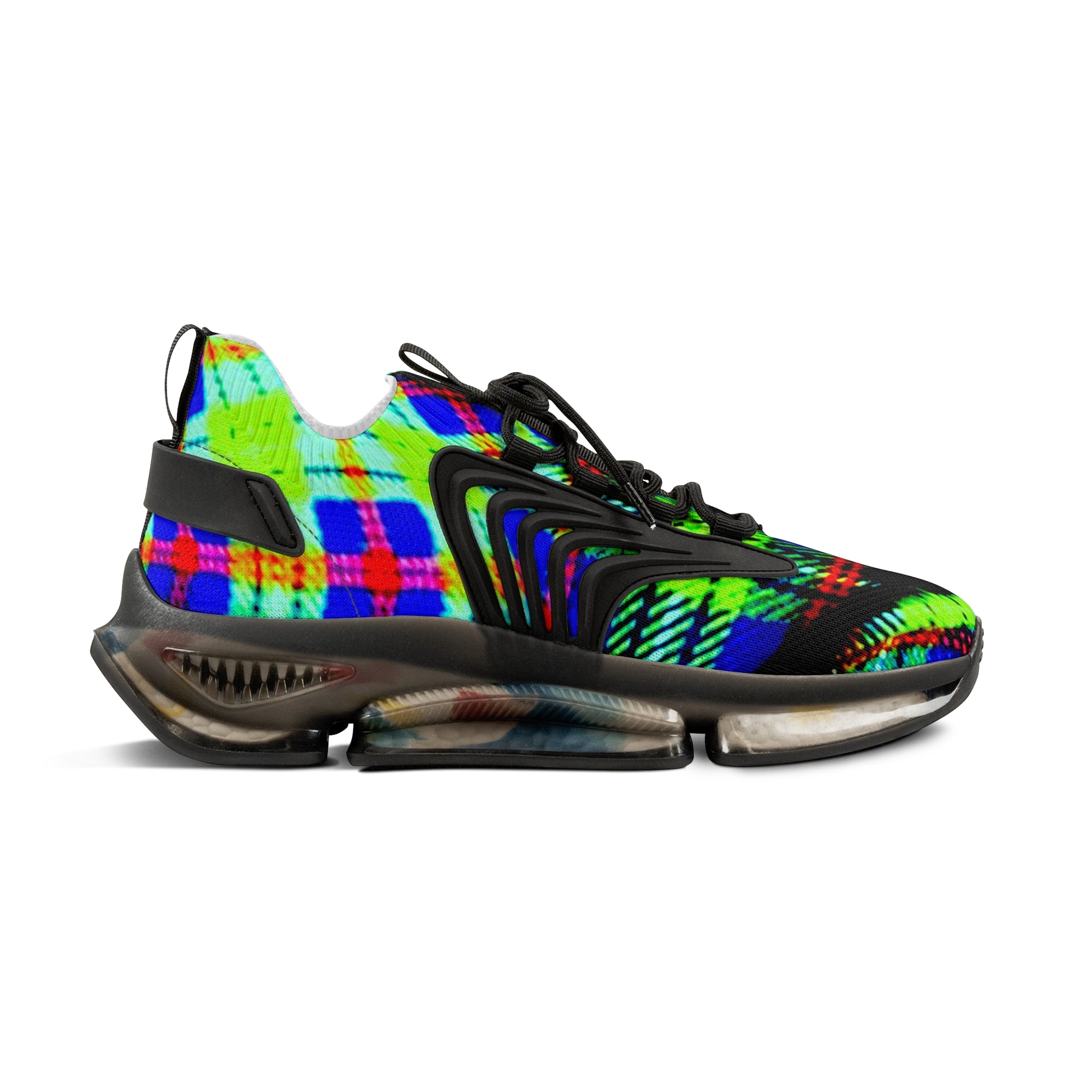 Men's Mesh Sneakers with Graphic Green Blue Tartan Print and Customisable Black Or White EVA Sole