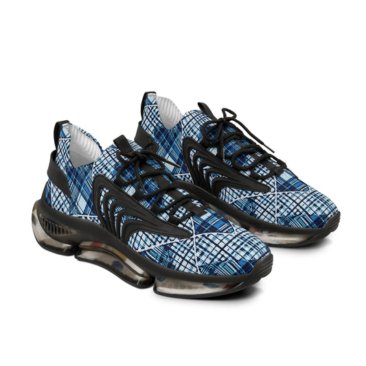 Men's Mesh Sneakers with Plaid Tartan Pattern Print in Blue and Customisable Black Or White EVA Sole