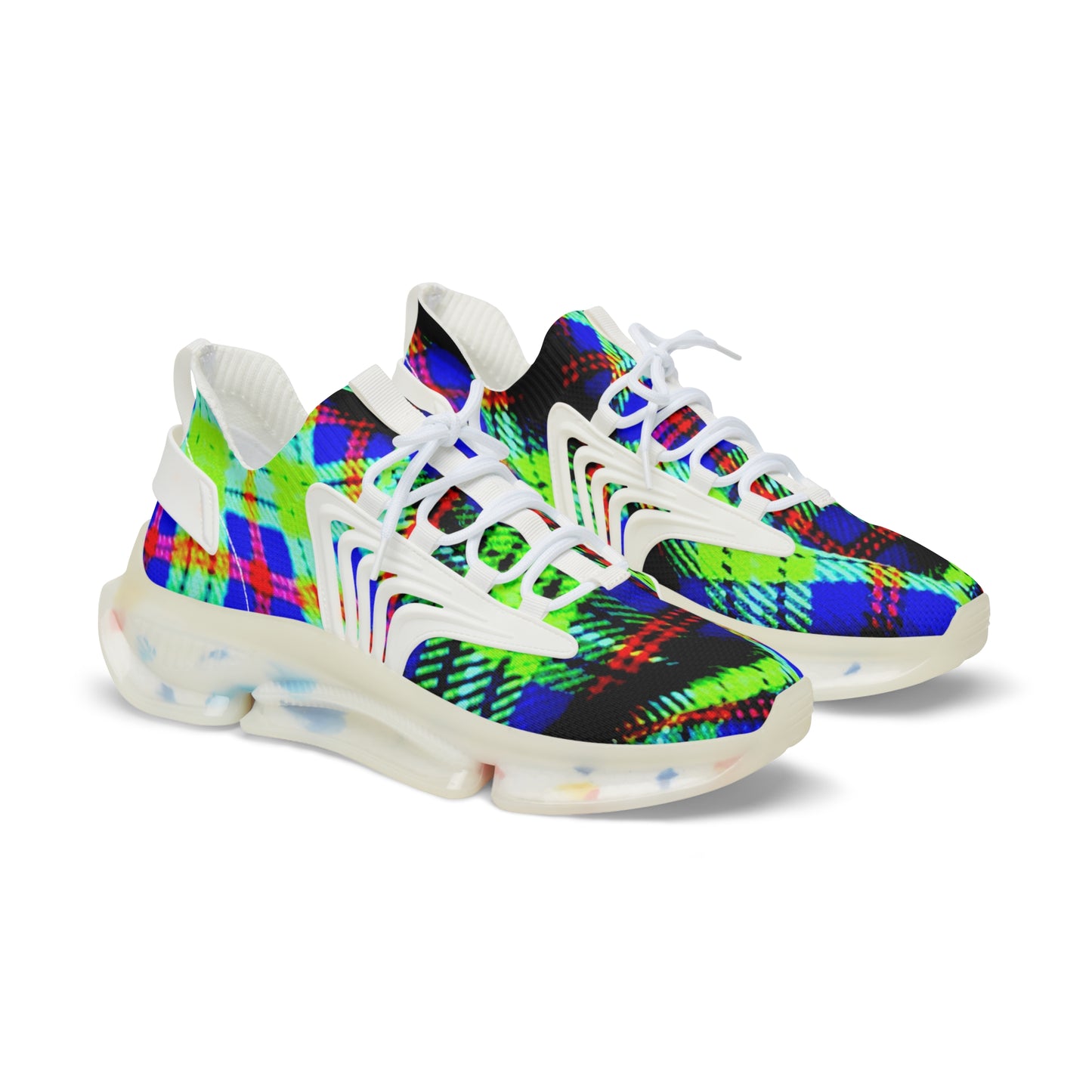 Men's Mesh Sneakers with Graphic Green Blue Tartan Print and Customisable Black Or White EVA Sole