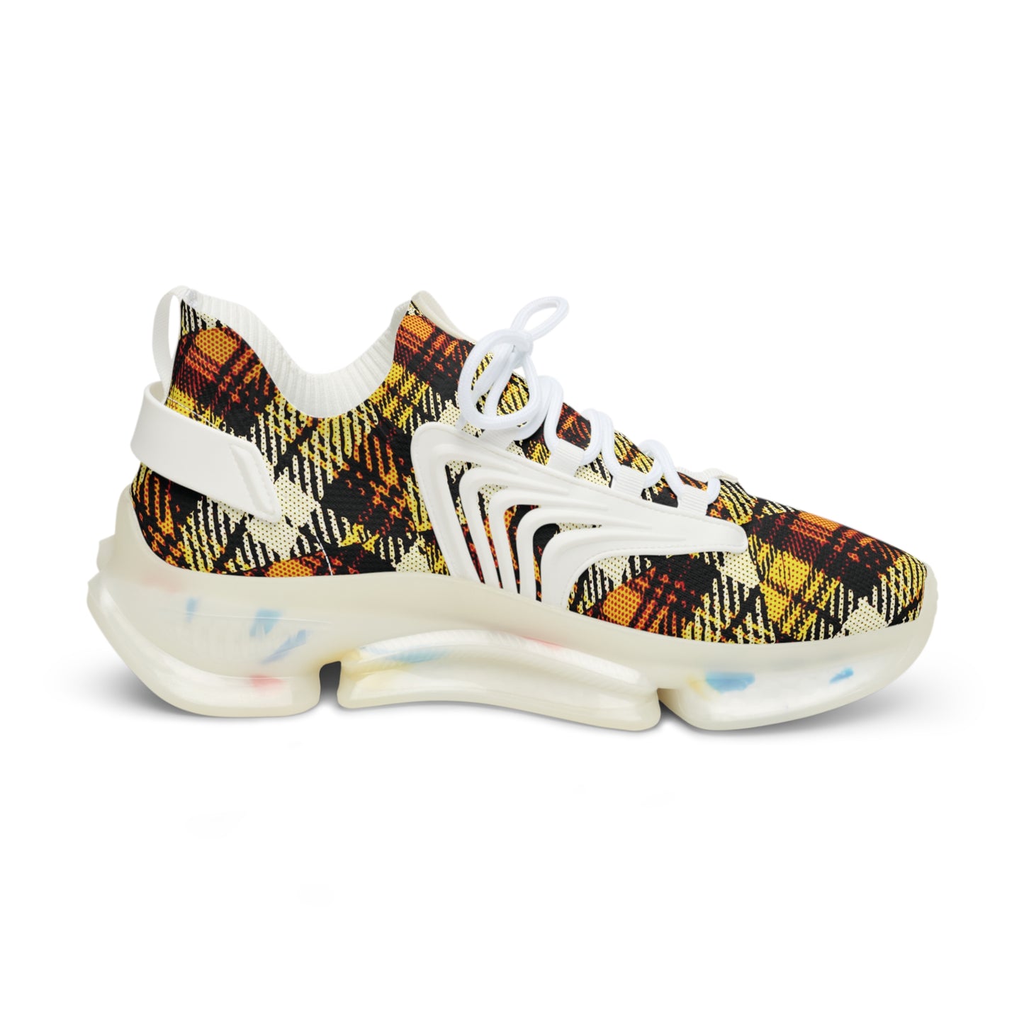 Men's Mesh Sneakers with Plaid Tartan Pattern Print in Orange Brown and Customisable Black Or White EVA Sole