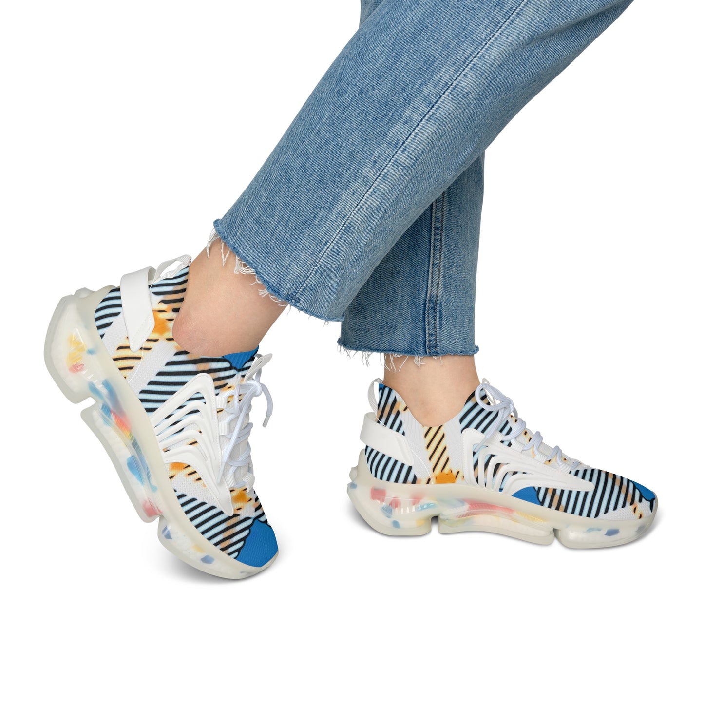 Women's Mesh Sneakers with Bold Graphic Plaid Print in Blue Orange