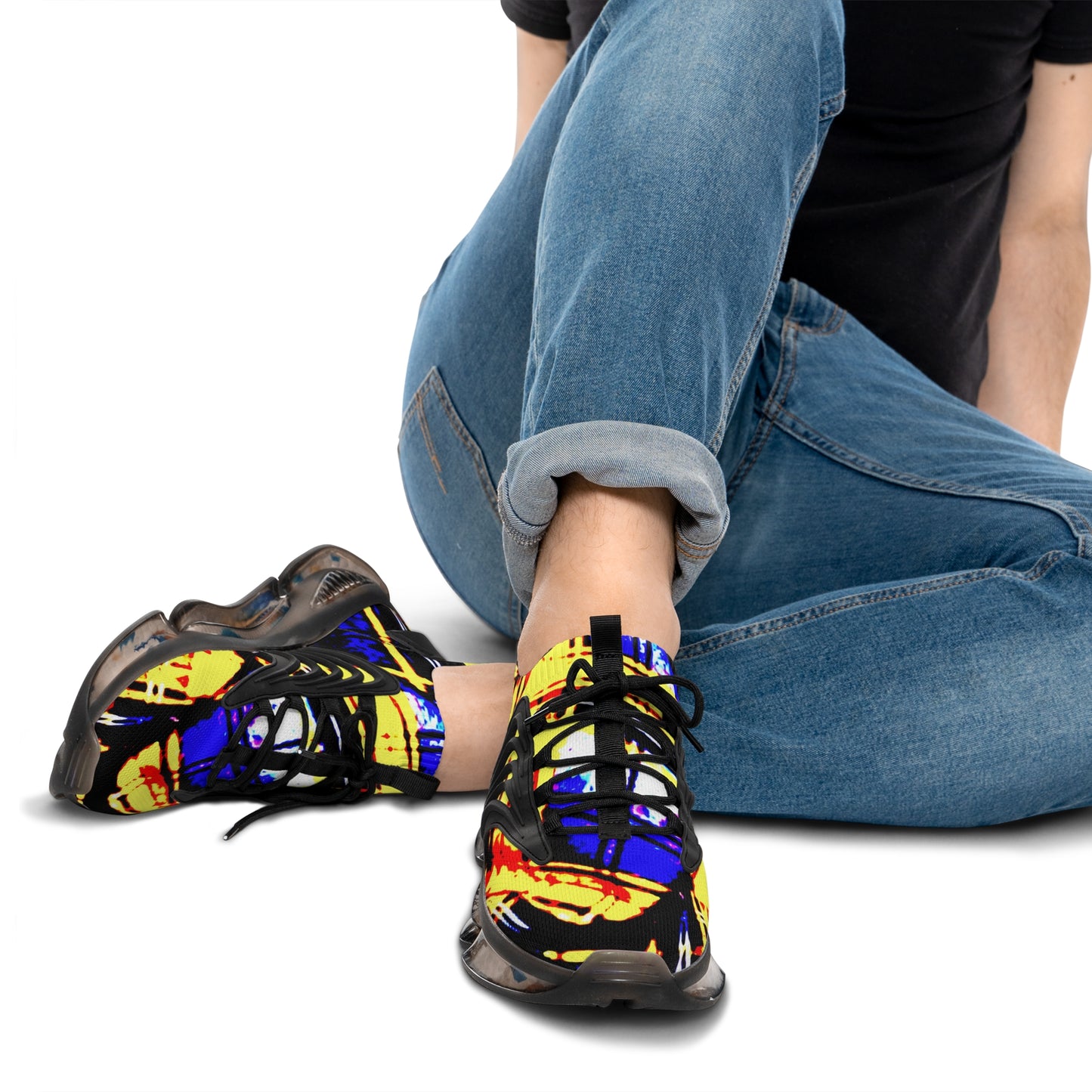 Men's Mesh Sneakers with Graphic Yellow Blue Tartan Print and Customisable Black Or White EVA Sole